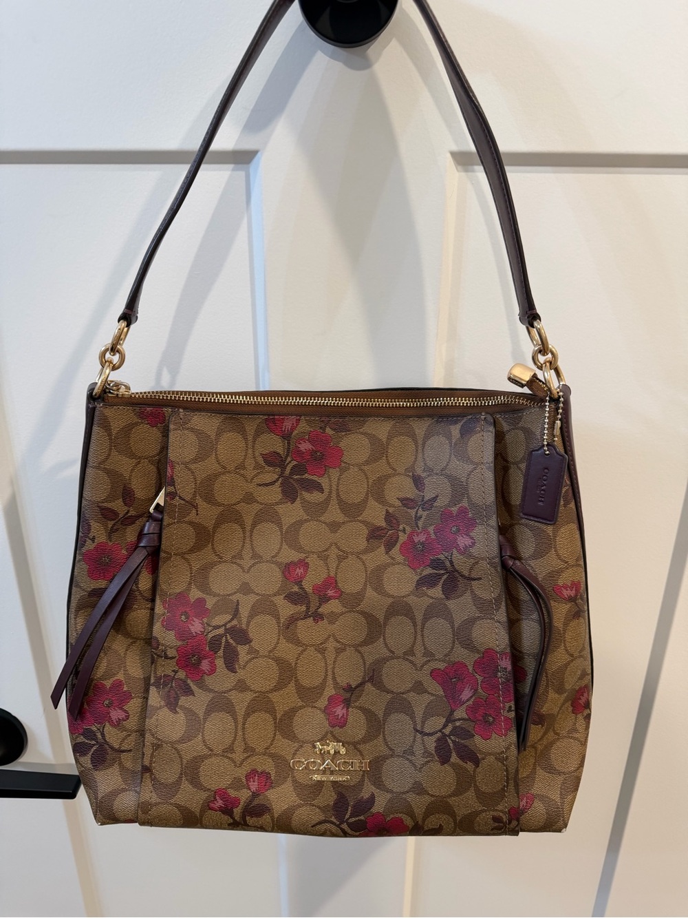 Coach Elle Hobo Signature Floral Shoulder Bag Burgundy Berry